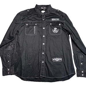 Bare Fox Men's 2XL Black Button Shirt Suede Panels White Topstitch Rocker